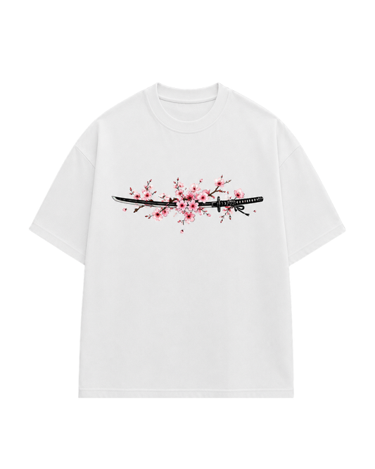 Sakura Steel anime tee back print — katana Japanese streetwear by Yoraku